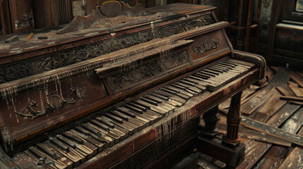Fototapeta na wymiar A dusty old piano in the corner of the saloon its keys producing an eerie melody when played by ghostly hands. .