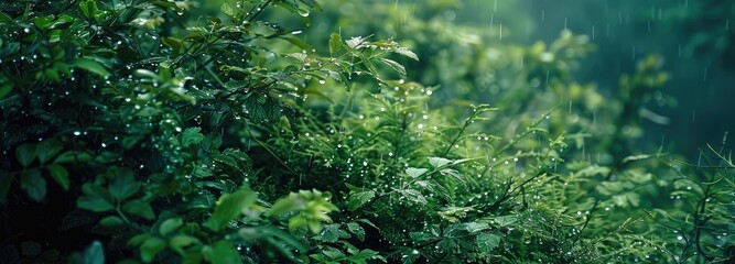 Fresh Raindrops Clinging to Vibrant Green Leaves in Forest.