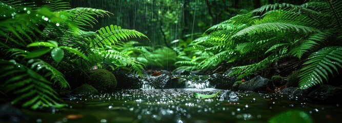 Lush Tropical Rainforest Ferns During a Refreshing Rain.