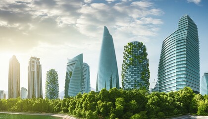 Streets and high-rise buildings of a modern eco-city Eco-friendly urban design of the future