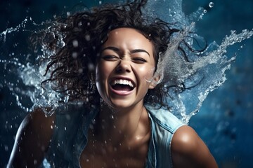 Artistic studio photo of a gleeful model midlaugh as water splashes around her, focusing on her vibrant expression and the energy of the water