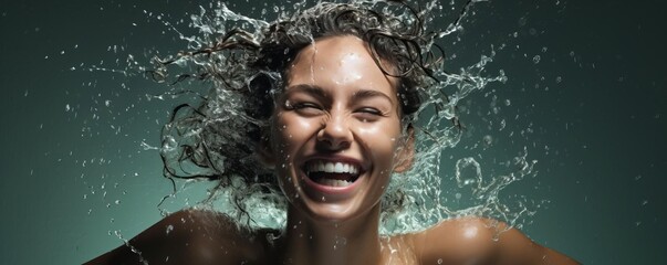Closeup studio portrait of a smiling model experiencing a playful splash of water, illustrating a moment of pure happiness and energy