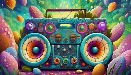 oil painting style cartoon illustration multicolored a boom box with two large speakers