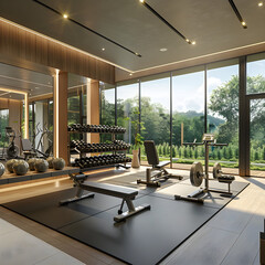 Bright and Spacious Home Gym with Comprehensive Fitness Equipment - obrazy, fototapety, plakaty