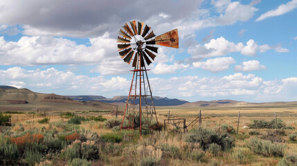 A rusted windmill creaks and groans in the wind a symbol of the desolation of the western frontier. .