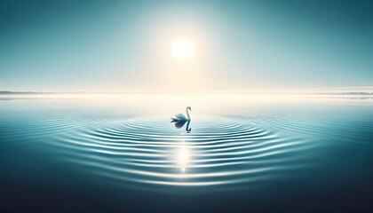a serene morning on a calm lake with a solitary swan gliding gracefully.