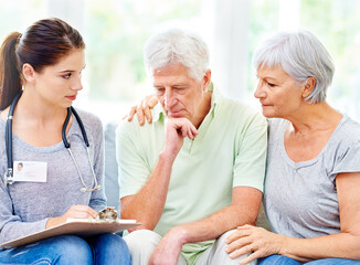 Senior, couple and doctor with results for man in consultation with advice and support. Sad,...