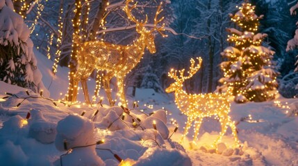 A festive holiday display of illuminated reindeer and trees, with twinkling lights casting a magical glow over a snowy winter landscape.
