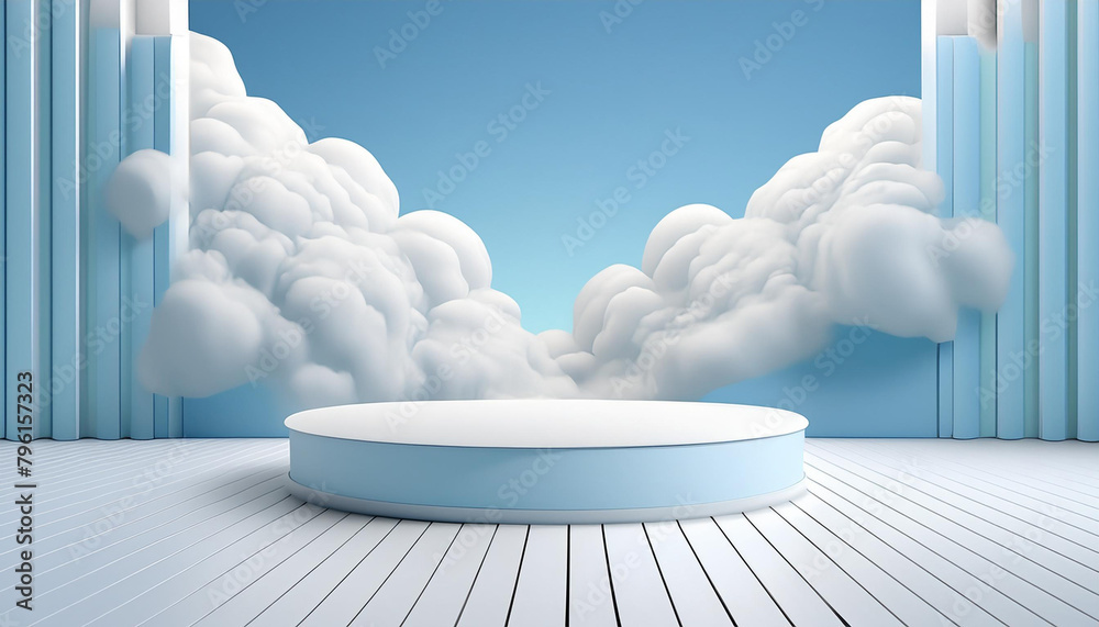 Poster cloud background podium blue 3d product sky white display platform render abstract stage
