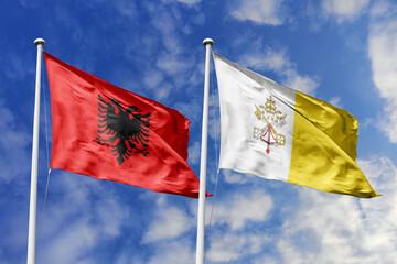 3d illustration. Albania and Vatican City (Holy See) Flag waving in sky. High detailed waving flag. 3D render. Waving in sky. Flags fluttered in the cloudy sky.