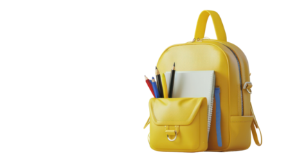 School desk with school supplies and a backpack,on white background