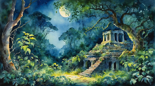 Ancient ruin covered by green vines in the dense forest at night, watercolor painting style, generative AI