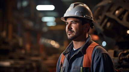 Environmental portrait of a worker in a large machinery component manufacturing facility checking product specs,