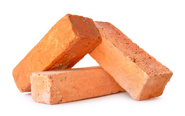 Front view of red or orange bricks in stack isolated with clipping path and shadow in png file...