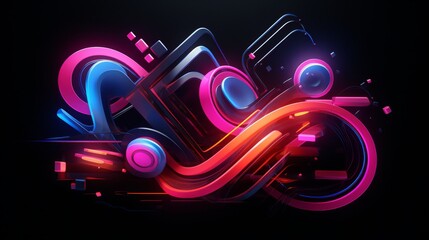 Dynamic abstract 3D shapes with a digital twist, featuring glowing neon accents,