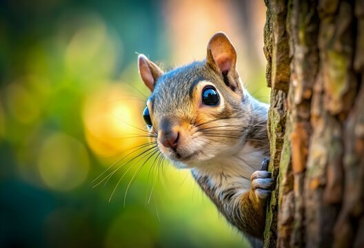 A cute squirrel is hiding and peeping behind a tree during summer