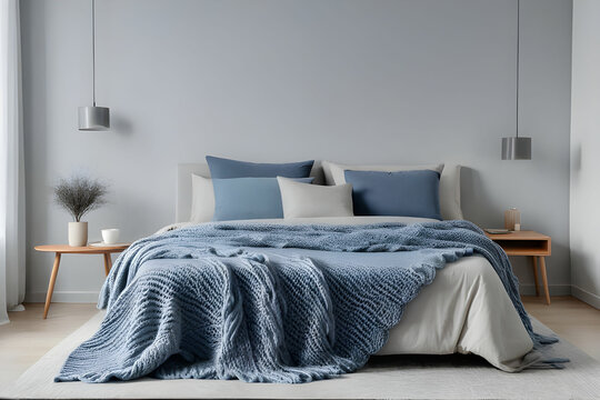 Knit blanket on king-size bed in natural warm bedroom of modern apartment in soft gray and blue colors