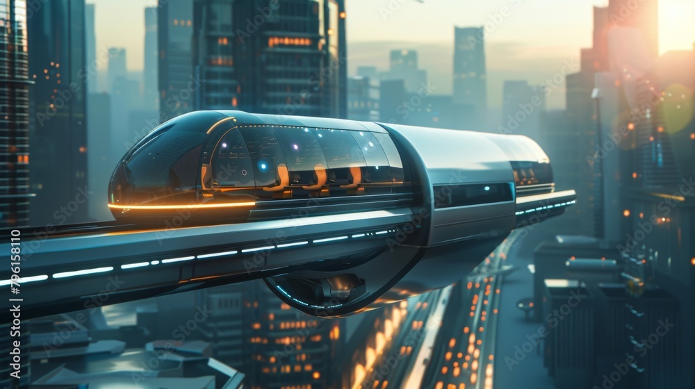 Poster a futuristic monorail gliding above city streets, its sleek design and efficient operation represent
