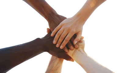 Multiracial group with African American, black and Asian hands holding hands in patience, love, unity.,on white background