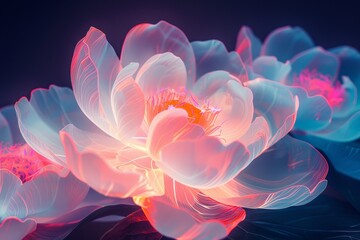 Vibrant neon blooms digitally depicted amidst a dark setting, abstract and enticing
