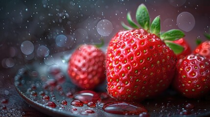 Ripe Strawberry with Water Droplets Macro Photography.