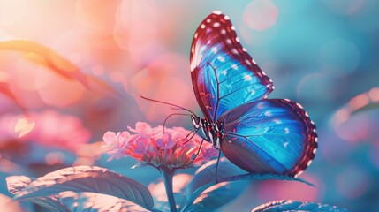 Vivid Blue Morpho Butterfly on Flower in Macro Shot.