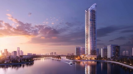 Obraz premium A futuristic skyscraper overlooks the tranquil waters below, embodying the spirit of innovation and progress in a riverside setting.
