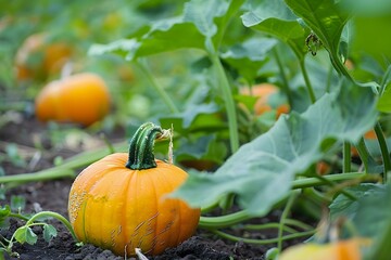 Obraz premium Pumpkins at various growth stages in a neat garden with vines. Concept Gardening, Pumpkins, Growth Stages, Vines, Harvest Season