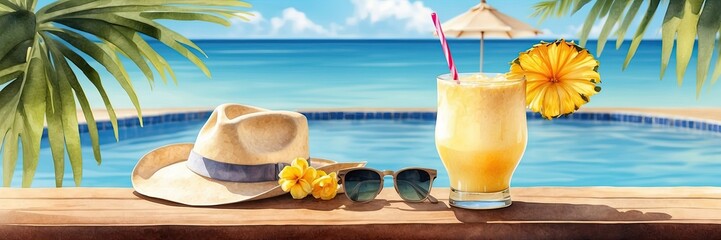 Fruit cocktail, shake watercolour Illustration on a tropical beach against the background the hotel's swimming pool, with accessories, sunglasses, hat, straw, pineapple