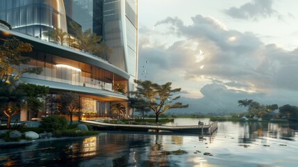 A futuristic skyscraper overlooks the tranquil waters below, embodying the spirit of innovation and progress in a riverside setting.
