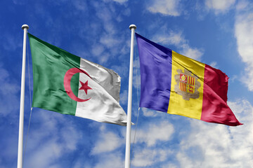 3d illustration. Algeria and Andorra Flag waving in sky. High detailed waving flag. 3D render....