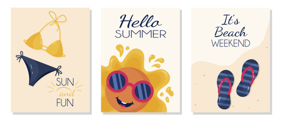 Set of summer posters with beach elements, sun, swimsuit, and sunglasses, flat vector illustration in minimalistic design.