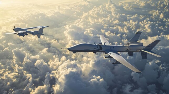 A MALE drone operating alongside a manned surveillance aircraft, emphasizing their collaborative capabilities