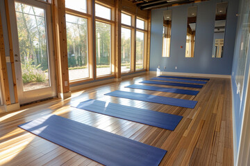 Fototapeta premium Tranquil Yoga Studio: Serene Atmosphere with Bamboo Floors and Mirrored Walls, Prepared Mats for Class