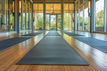 Tranquil Yoga Studio: Serene Atmosphere with Bamboo Floors and Mirrored Walls, Prepared Mats for Class