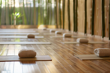 Tranquil Yoga Studio: Serene Atmosphere with Bamboo Floors and Mirrored Walls, Prepared Mats for Class