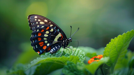 Black Swallowtail Butterfly on Leafy Branch