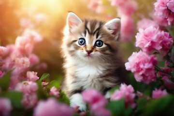 cute kitten among flowers. sunny spring day.