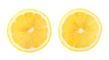 Top view set of beautiful yellow lemon halves isolated on white background with clipping path in png file format