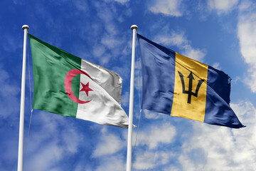 3d illustration. Algeria and Barbados Flag waving in sky. High detailed waving flag. 3D render. Waving in sky. Flags fluttered in the cloudy sky.