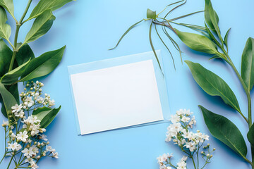 Stylish elegant flat lay blue floristic greeting invitation post card. - obrazy, fototapety, plakaty