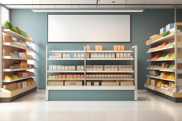 Supermarket Shelves With Blank Banners And POS Display Design. 3D rendering design.