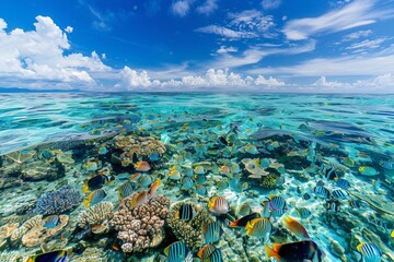 Fototapeta na wymiar A panorama of a coral reef teeming with colorful fish, visible even from a distance through