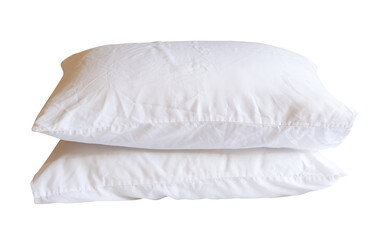 Side view of two white pillows in stack after use in hotel or resort room isolated with clipping path in png file format