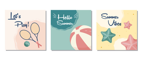Set of summer posters with a beach ball, tennis racket, and starfish on a pastel background.  