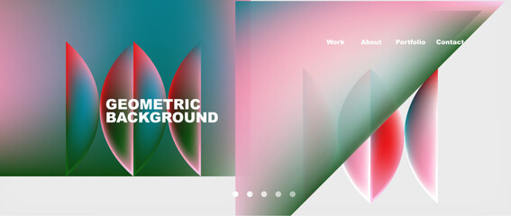 The geometric background features a rectangle pattern with a triangle in electric blue and magenta. This techinspired design is perfect for an eyewear event display device