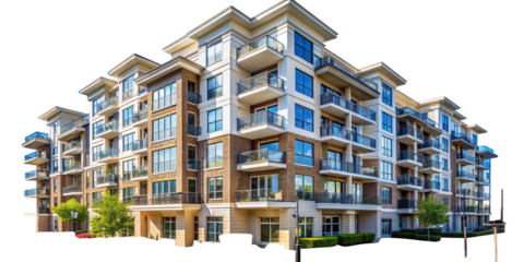 detached buildings, apartment blocks and high-rise buildings with glass façades and transparent skies
