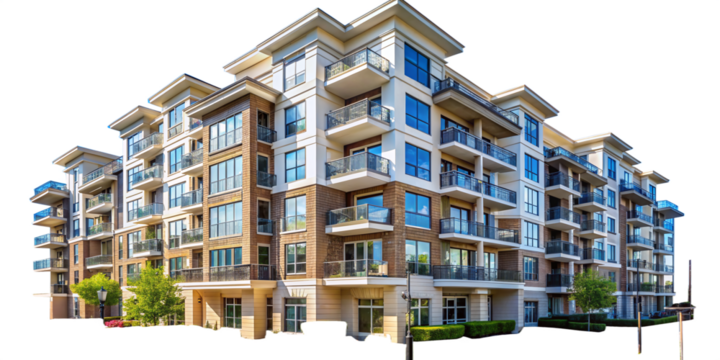 detached buildings, apartment blocks and high-rise buildings with glass façades and transparent skies