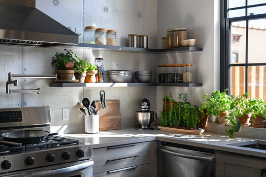 Modern urban kitchen interior with stainless steel appliances, open shelving, and herb garden on windowsill. Contemporary small kitchen design concept with industrial accents.