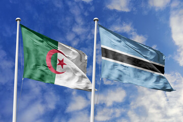 3d illustration. Algeria and Botswana Flag waving in sky. High detailed waving flag. 3D render. Waving in sky. Flags fluttered in the cloudy sky.